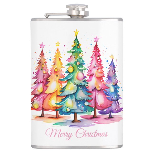 Pink Watercolor Weihnachtsbaumflasche Flachmann (Vorderseite)