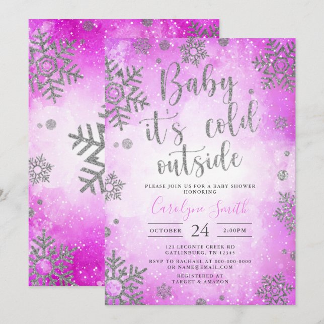 Pink Watercolor Weihnachtsdusche Einladung zum Bab (Vorne/Hinten)