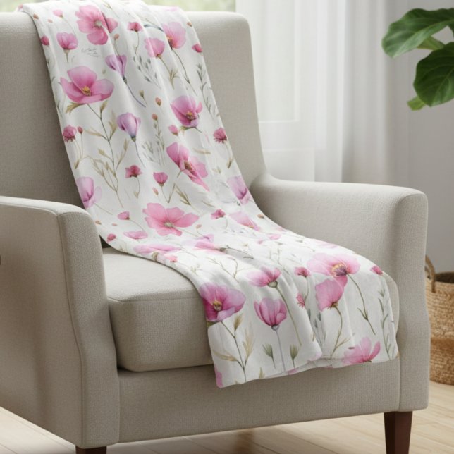 Pink Watercolor Wildflower  Fleecedecke (Von Creator hochgeladen)