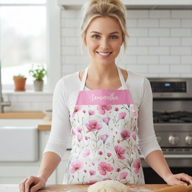 Pink Watercolor Wildflower Monogram Name Schürze (Von Creator hochgeladen)