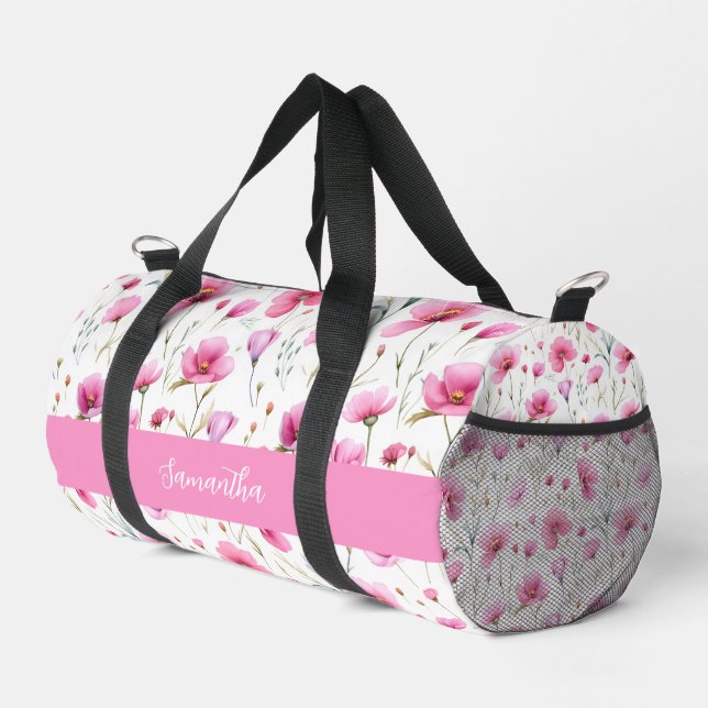 Pink Watercolor Wildflower Name  Duffle Bag (Rechte Ecke)