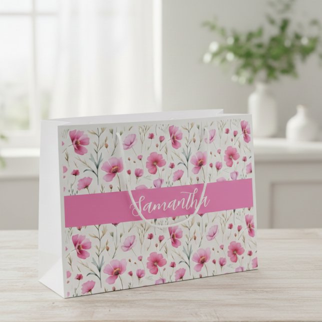 Pink Watercolor Wildflower Name  Große Geschenktüte (Von Creator hochgeladen)