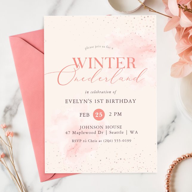 Pink Watercolor Winter Onederland Girl Birthday Einladung (Von Creator hochgeladen)