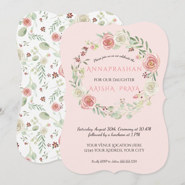 Pink Watercolor Wreath Annaprashan Baby Girl Einladung (Vorne/Hinten)