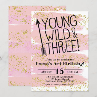 Pink Watercolor Young Wild & Three 3. Geburtstag Einladung