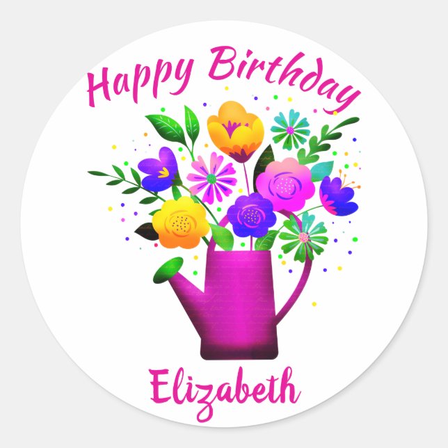Pink Watering Pot & Yellow Blume Happy Birthday Runder Aufkleber (Vorderseite)