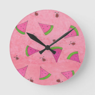 Pink Watermelon and Lady Bugs Runde Wanduhr