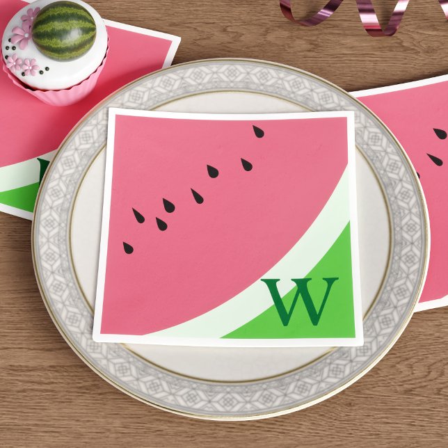 Pink Watermelon Monogram Summer Party Napkins Serviette (Spice up your summer soirées with these adorable Pink Watermelon Monogram Party Napkins)