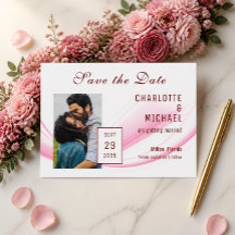 Pink Wave & Floral Save the Date Flachkarte
