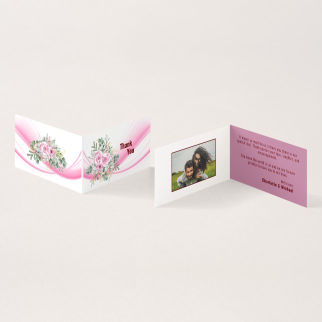 Pink Wave & Floral Wedding Danke Karte (Innenseite und Außenseite)