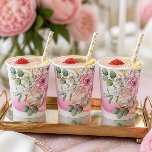 Pink Wave & Floral Wedding Paper Cups Pappbecher (Von Creator hochgeladen)