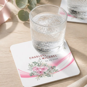 Pink Wave & Floral Wedding Paper Untersetzer
