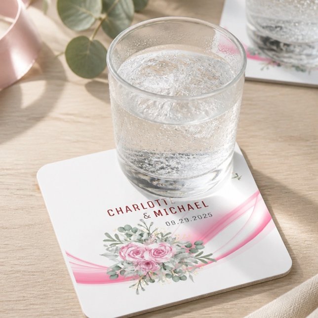 Pink Wave & Floral Wedding Paper Untersetzer (Von Creator hochgeladen)