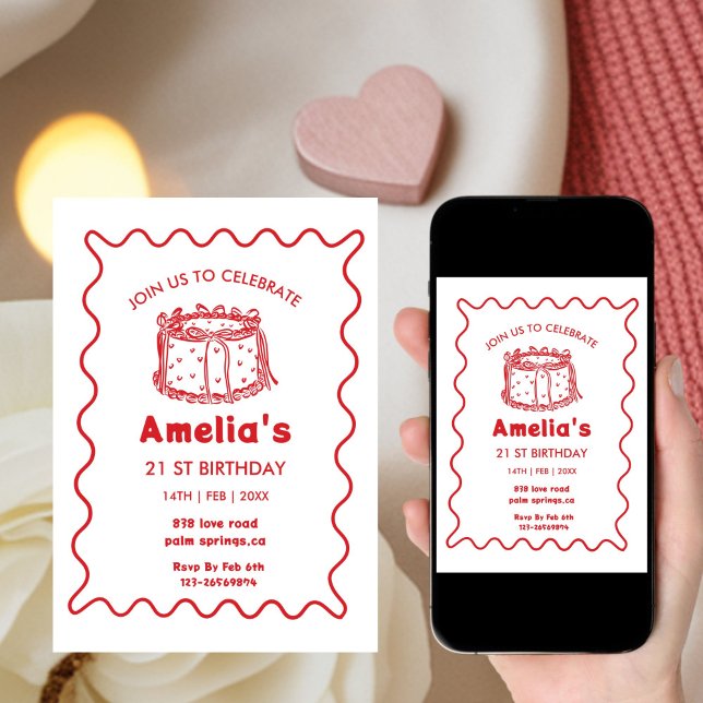 Pink Wavy Birthday hand drawn cake Einladung (Von Creator hochgeladen)