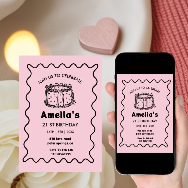 Pink Wavy Birthday hand drawn cake Einladung (Von Creator hochgeladen)