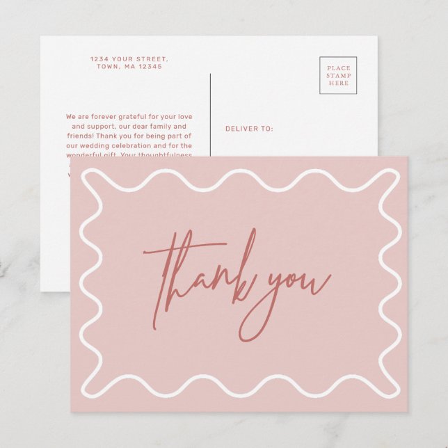 Pink Wavy Border Danke Postcard Einladungspostkarte (Vorne/Hinten)