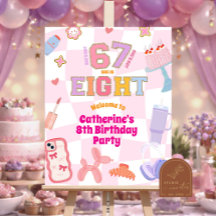 Pink Wavy Retro 67 8th Birthday Welcome Sign