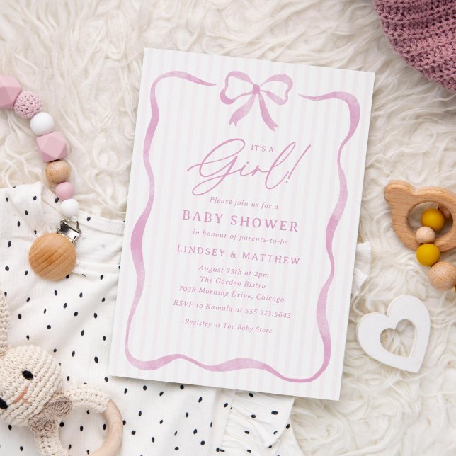 Pink Wavy Ribbon Bow Girl Baby Dusche Einladung (pink baby shower invitation for girls with watercolor ribbon and bow)