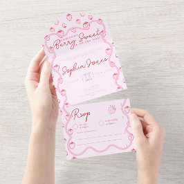 Pink Wavy Strawberry Berry Sweet Girl Baby Dusche All In One Einladung