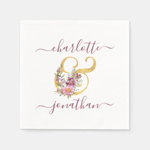 Pink Wedding Floral Gold Ampersand (&) mit Namen Serviette