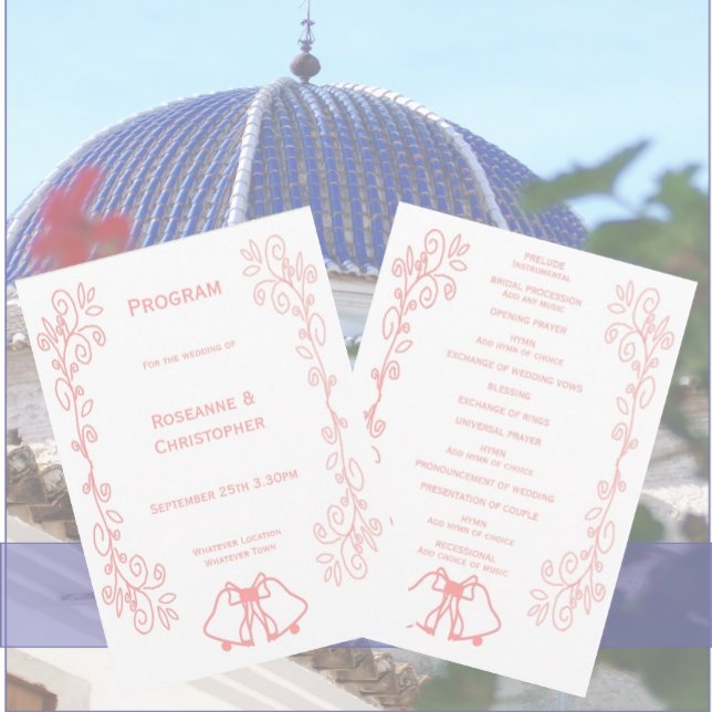 Pink Wedding Program Bells Scrollwork Design Programm (Pink wedding church program bells and scrollwork design)