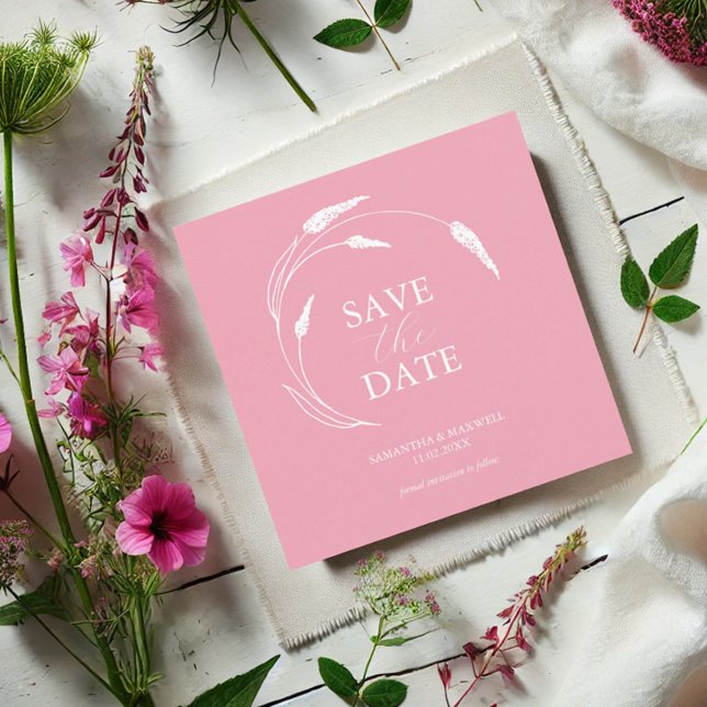 Pink Wedding Save the Date Vorlagen (Pink wildflower line art wedding save the date card by Victoria Grigaliunas of Do Tell A Belle)
