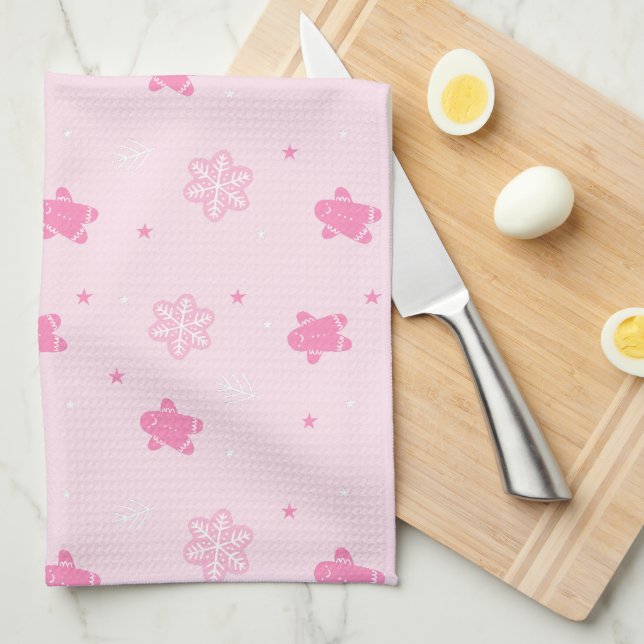 Pink Weihnachts Lebkuchen Mann Schneeflocken Muste Geschirrtuch (Viertel Falte)