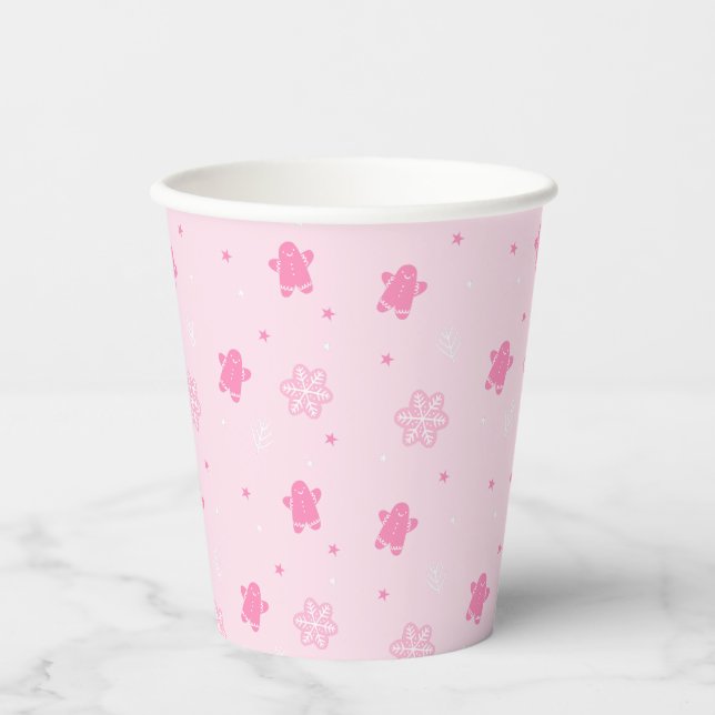 Pink Weihnachts Lebkuchen Mann Schneeflocken Muste Pappbecher (Vorderseite)