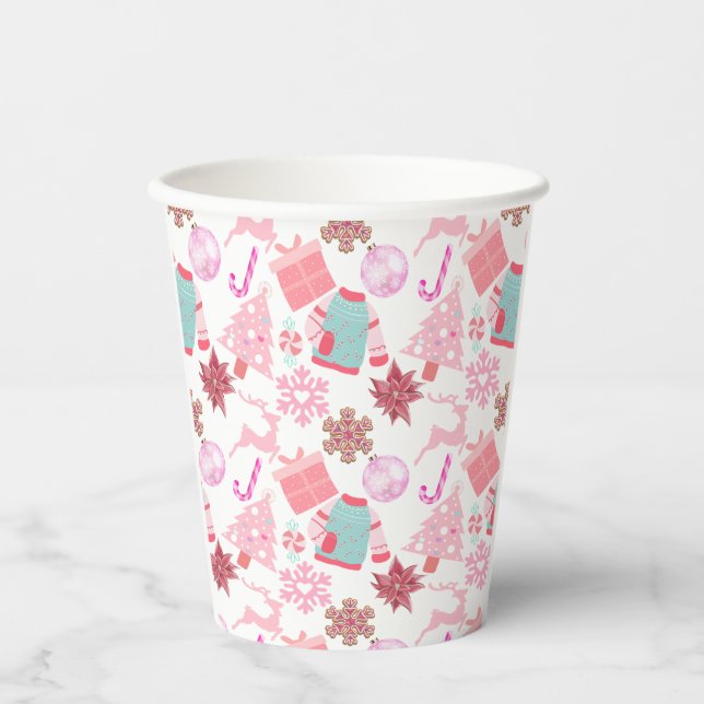 Pink Weihnachts-Ornament Muster 02 Pappbecher (Vorderseite)