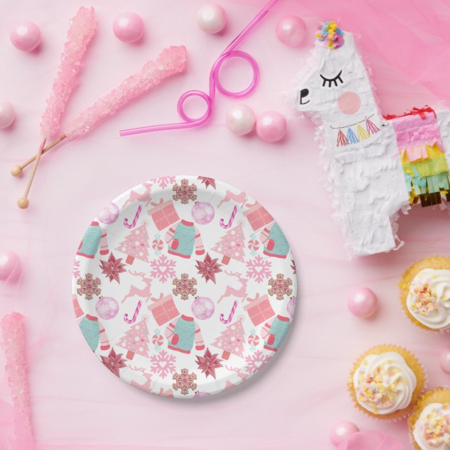Pink Weihnachts-Ornament Muster 02 Pappteller (Party)