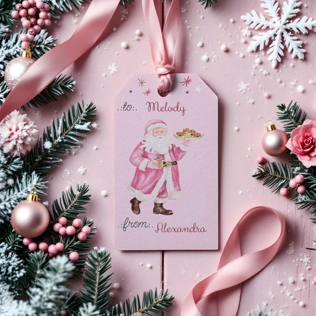 Pink Weihnachts Retro Vintage Weihnachtskekse von Geschenkanhänger (Pink Christmas Retro Vintage Santa Cookies To From Gift Tags)