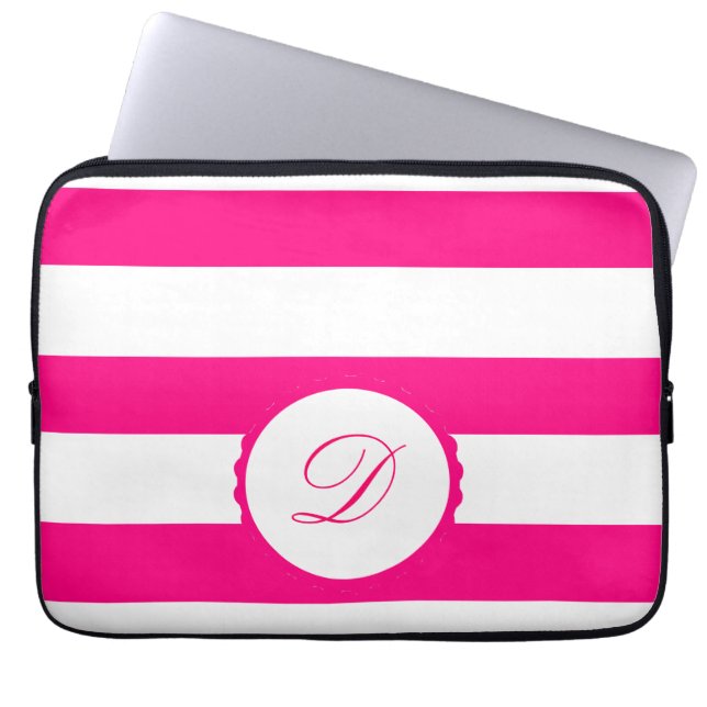 Pink Weiß gestreift personalisiert Monogramm Laptopschutzhülle (Vorderseite)