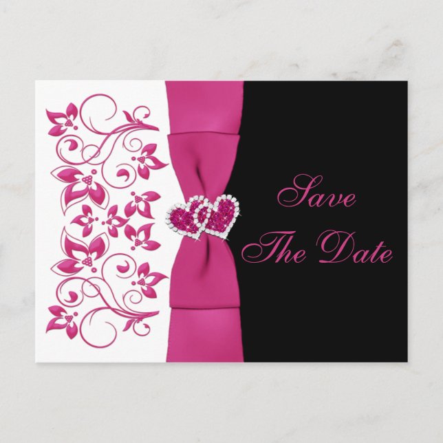 Pink, weiß, schwarz, floral Save the Date Postkart Ankündigungspostkarte (Vorderseite)