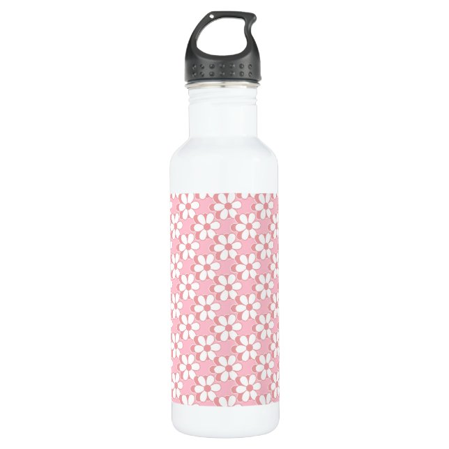 Pink-weiße Blume-Muster auf hellrosa Edelstahlflasche (Vorderseite)