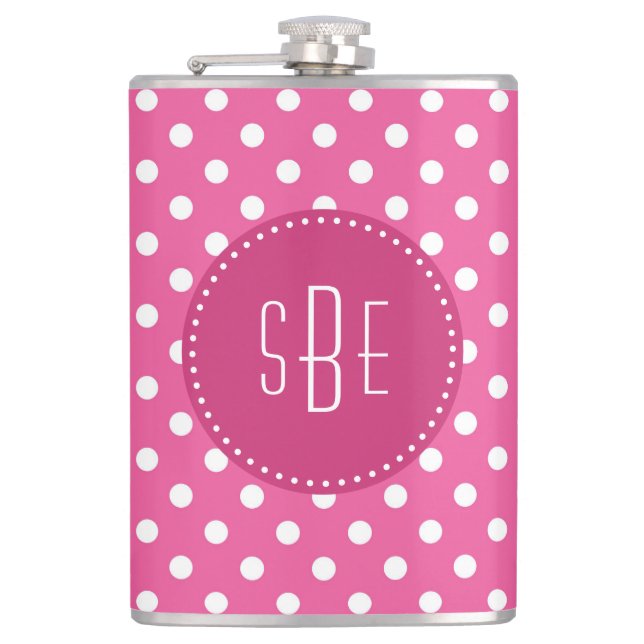 Pink-weiße Polka-Punkte mit Monogramm-Kolben Flachmann (Vorderseite)