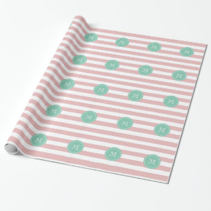 Pink-weiße Streifen Muster, Minze grüne Monogramm Geschenkpapier