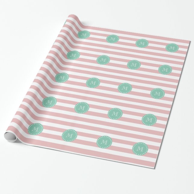 Pink-weiße Streifen Muster, Minze grüne Monogramm Geschenkpapier (Ungerollt)