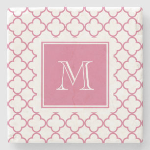 Pink weißes Quatrefoil   Ihr Monogramm Steinuntersetzer