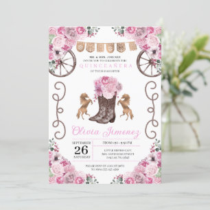 Pink Western Charra Floral Boots Quinceañera Einladung