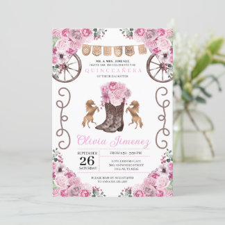 Pink Western Charra Floral Boots Quinceañera Einladung