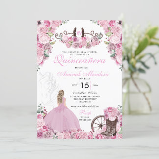 Pink Western Charra Floral Boots Quinceañera Einladung