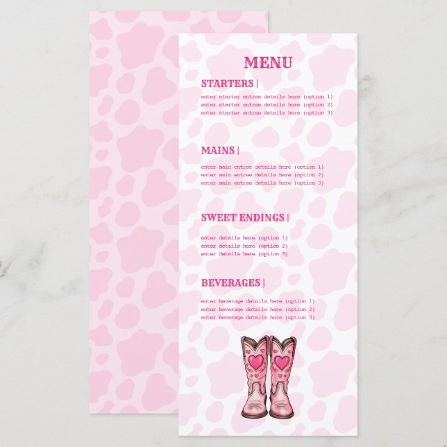 Pink Western Cow Print Rodeo Style Flat Menu Menükarte (Vorne/Hinten)