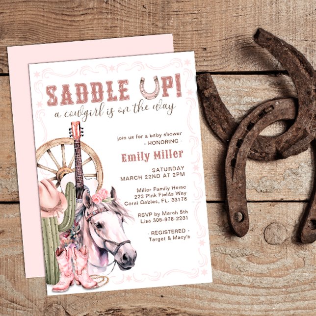 Pink Western Cowgirl Babydusche Sattelkarte Einladung (Pink Saddle Up Country Baby Shower Theme)