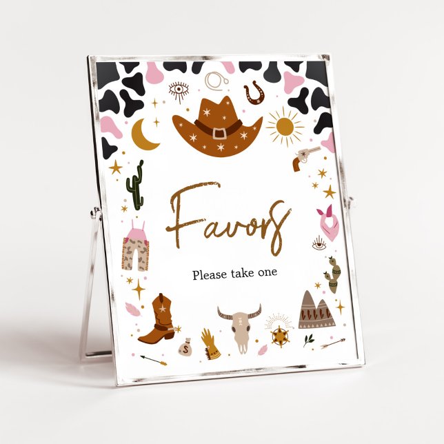 Pink Western Cowgirl Kinderdusche Favoriten Poster (Boho Wild West Rodeo Baby Shower Favors Sign)