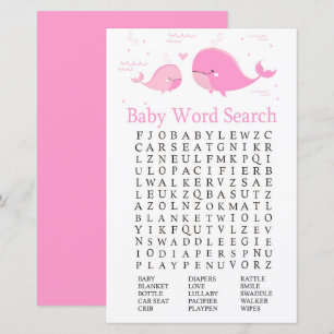 Pink Whale Baby Dusche Word Search Game
