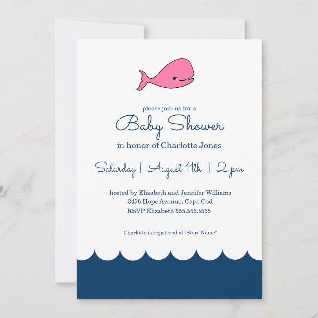 Pink Whale Baby Girl Babydusche Einladung (Vorderseite)