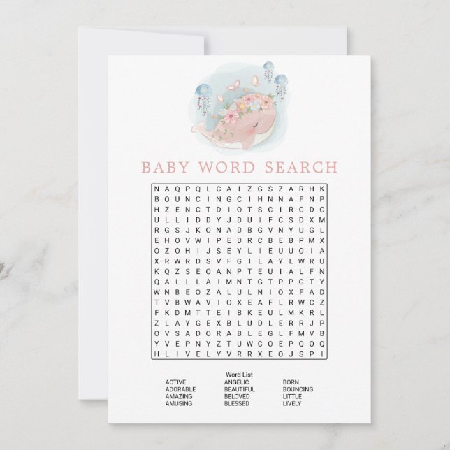 Pink Whale Girl Baby Dusche Word Search Game Einladung (Vorderseite)