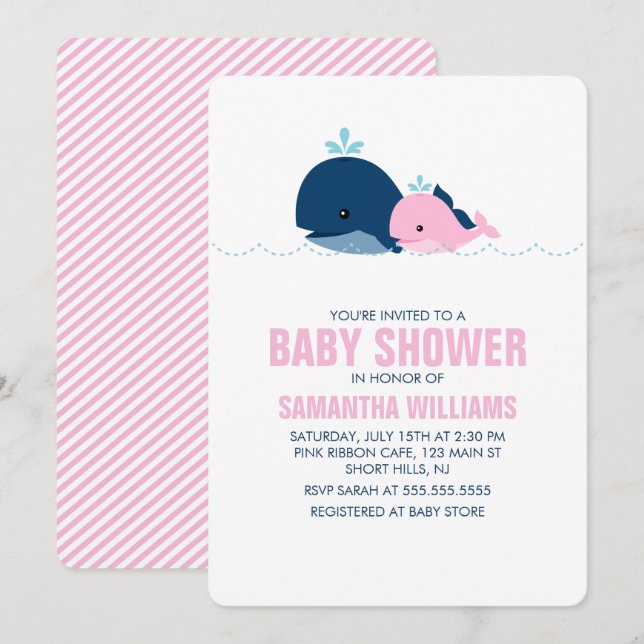Pink Whale Girl Babydusche Einladung (Vorne/Hinten)