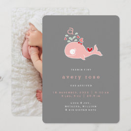 Pink Whale Monogram Baby Girl Birth Ankündigung