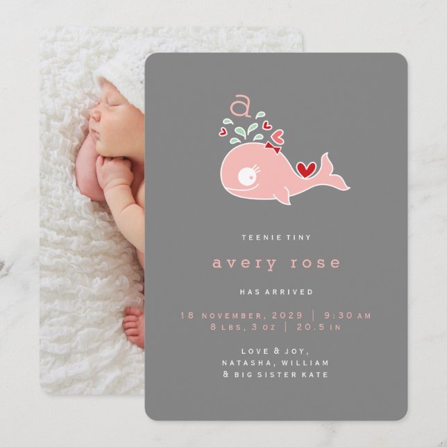 Pink Whale Monogram Baby Girl Birth Ankündigung (Vorne/Hinten)